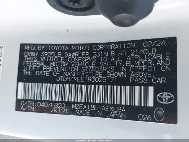 Aukcja sprzedaży 2024 Toyota Corolla Le, vin: JTDB4MEE1R3025171, numer aukcji: 46255748