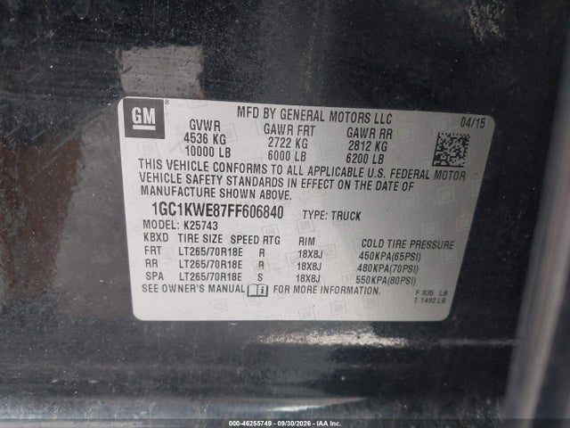 46255749 :رقم المزاد ، 1GC1KWE87FF606840 vin ، 2015 Chevrolet Silverado 2500hd Ltz مزاد بيع