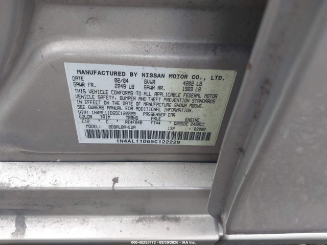 46255772 :رقم المزاد ، 1N4AL11D65C122229 vin ، 2005 Nissan Altima S/sl مزاد بيع