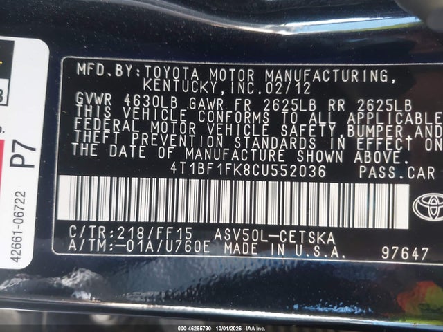 Продажа на аукционе авто 2012 Toyota Camry Se, vin: 4T1BF1FK8CU552036, номер лота: 46255790