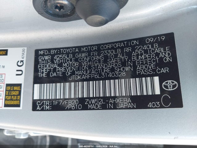 Продаж на аукціоні авто 2020 Toyota Prius Prime Le, vin: JTDKARFP6L3140328, номер лоту: 46255791