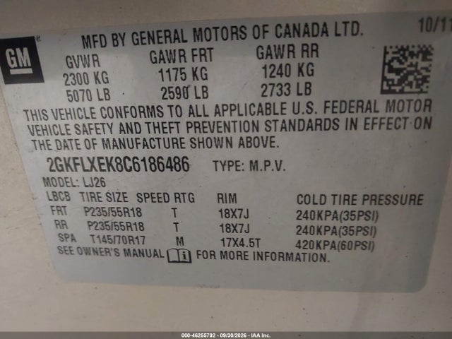 Aukcja sprzedaży 2012 Gmc Terrain Slt-2, vin: 2GKFLXEK8C6186486, numer aukcji: 46255792