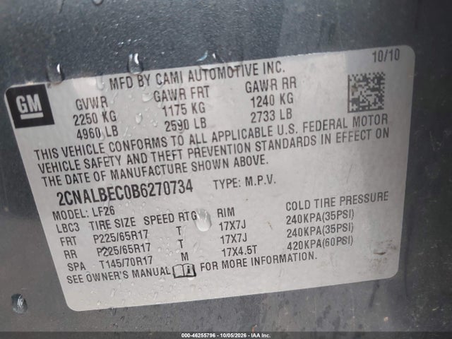 46255796 :رقم المزاد ، 2CNALBEC0B6270734 vin ، 2011 Chevrolet Equinox Ls مزاد بيع