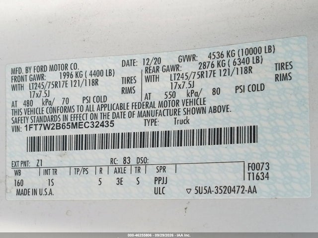 2021 Ford F-250 Xl მანქანა იყიდება აუქციონზე, vin: 1FT7W2B65MEC32435, აუქციონის ნომერი: 46255806