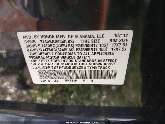 Aukcja sprzedaży 2013 Honda Ridgeline Rts, vin: 5FPYK1F43DB002286, numer aukcji: 46255807