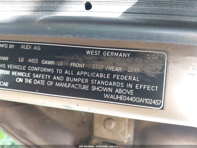 46255808 :رقم المزاد ، WAUHE0440GN102457 vin ، 1986 Audi 5000 S Quattro مزاد بيع