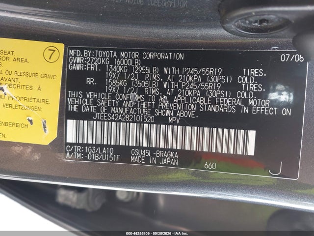 2008 Toyota Highlander Limited მანქანა იყიდება აუქციონზე, vin: JTEES42A282101520, აუქციონის ნომერი: 46255809