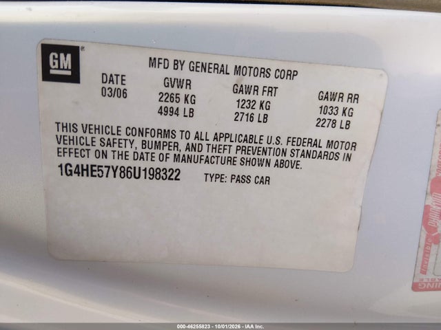 2006 Buick Lucerne Cxs მანქანა იყიდება აუქციონზე, vin: 1G4HE57Y86U198322, აუქციონის ნომერი: 46255823