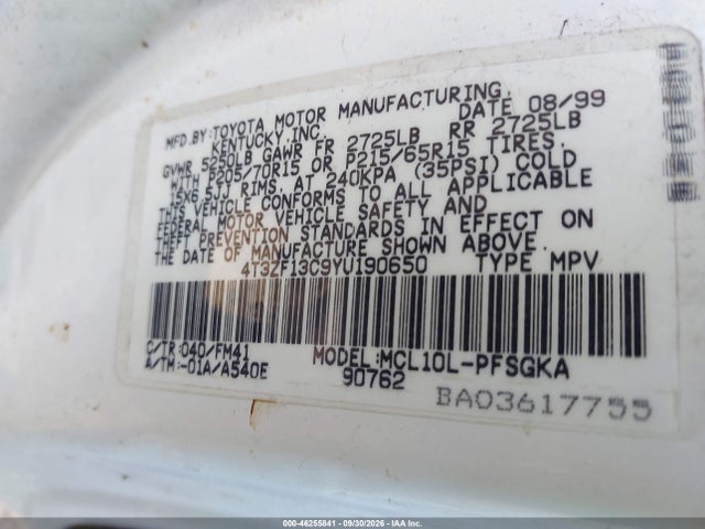 46255841 :رقم المزاد ، 4T3ZF13C9YU190650 vin ، 2000 Toyota Sienna Xle مزاد بيع