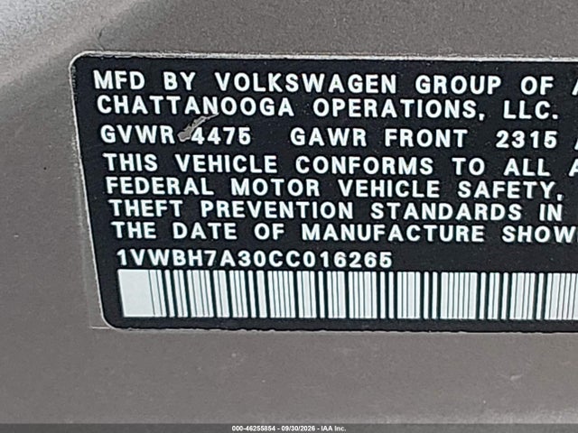 46255854 :رقم المزاد ، 1VWBH7A30CC016265 vin ، 2012 Volkswagen Passat 2.5l Se مزاد بيع