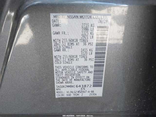 Aukcja sprzedaży 2019 Nissan Pathfinder Sl, vin: 5N1DR2MM8KC643872, numer aukcji: 46255906