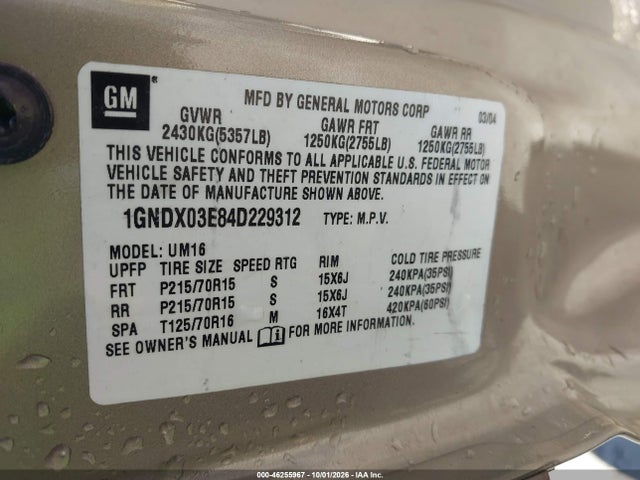 Продаж на аукціоні авто 2004 Chevrolet Venture Ls, vin: 1GNDX03E84D229312, номер лоту: 46255967