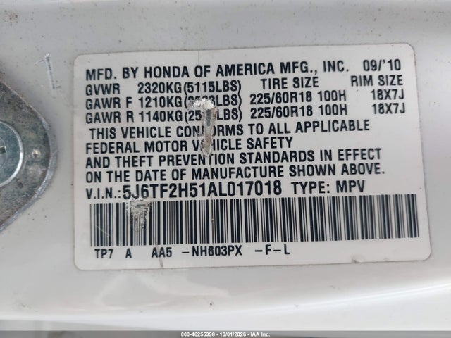 46255998 :رقم المزاد ، 5J6TF2H51AL017018 vin ، 2010 Honda Accord Crosstour Ex-l مزاد بيع
