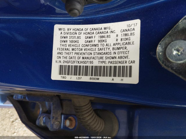 Продаж на аукціоні авто 2018 Honda Civic Ex, vin: 2HGFC2F7XJH507195, номер лоту: 46256009