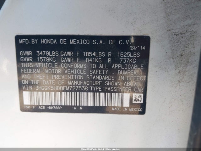 2015 Honda Fit Ex/ex-l მანქანა იყიდება აუქციონზე, vin: 3HGGK5H88FM727538, აუქციონის ნომერი: 46256046