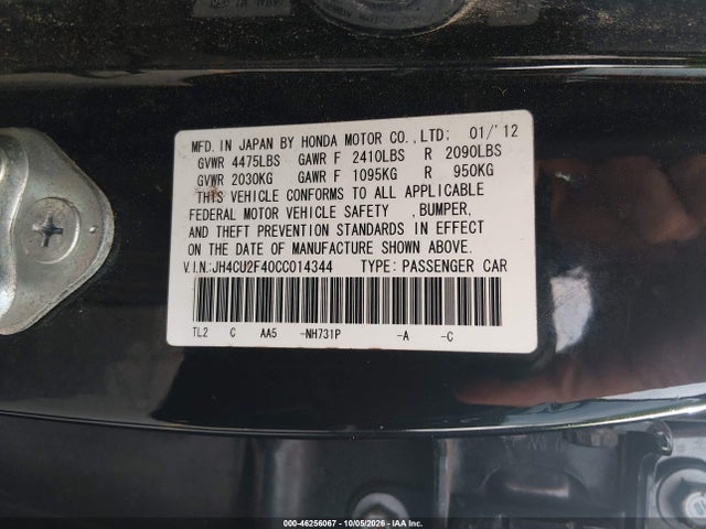 Продаж на аукціоні авто 2012 Acura Tsx 2.4, vin: JH4CU2F40CC014344, номер лоту: 46256067