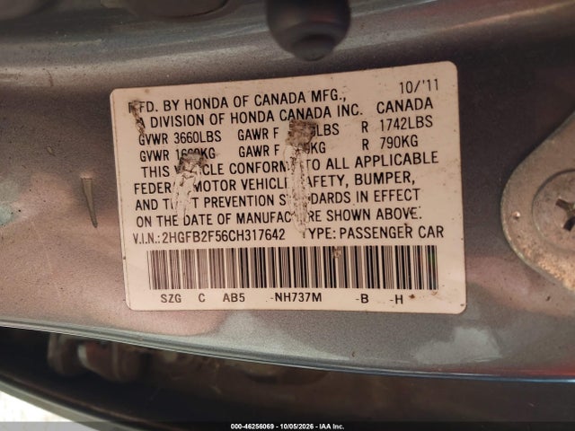 2012 Honda Civic Lx მანქანა იყიდება აუქციონზე, vin: 2HGFB2F56CH317642, აუქციონის ნომერი: 46256069