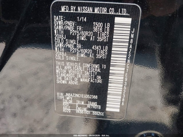 Aukcja sprzedaży 2014 Infiniti Qx80, vin: JN8AZ2NC1E9352388, numer aukcji: 46256093