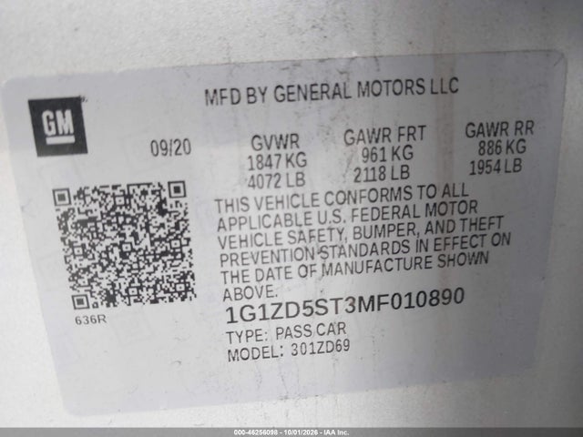 Продажа на аукционе авто 2021 Chevrolet Malibu Fwd Lt, vin: 1G1ZD5ST3MF010890, номер лота: 46256098