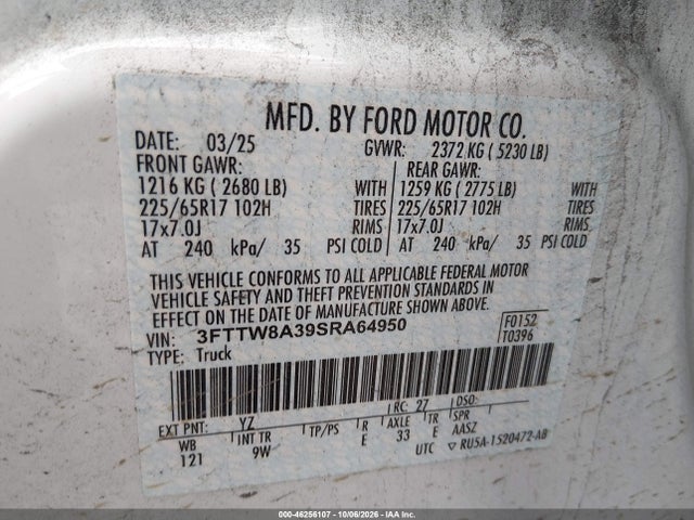 Продаж на аукціоні авто 2025 Ford Maverick Xl, vin: 3FTTW8A39SRA64950, номер лоту: 46256107