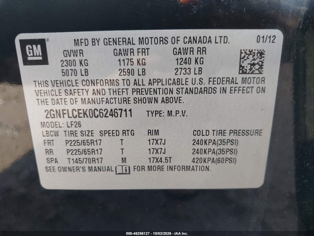 46256127 :رقم المزاد ، 2GNFLCEK0C6246711 vin ، 2012 Chevrolet Equinox Ls مزاد بيع