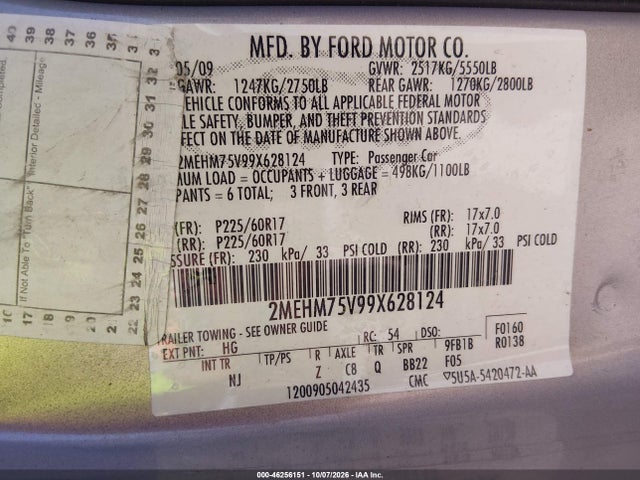 Продажа на аукционе авто 2009 Mercury Grand Marquis Ls (fleet Only), vin: 2MEHM75V99X628124, номер лота: 46256151