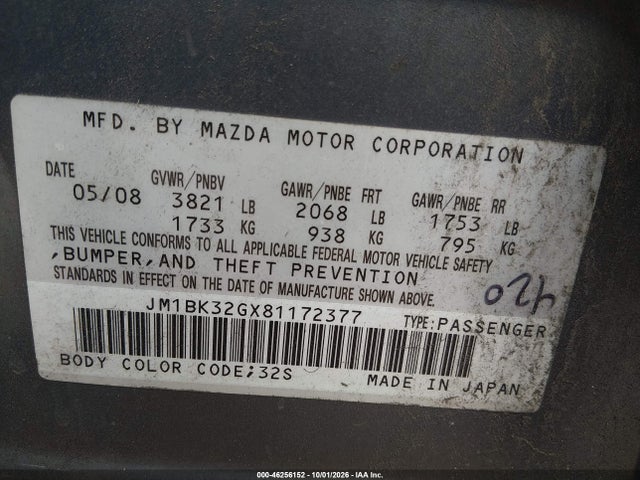 Продажа на аукционе авто 2008 Mazda Mazda3 I Touring Value, vin: JM1BK32GX81172377, номер лота: 46256152