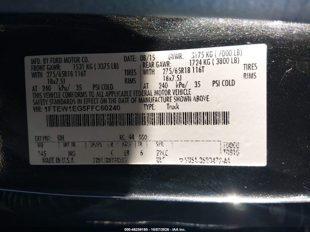 46256195 :رقم المزاد ، 1FTEW1EG5FFC60240 vin ، 2015 Ford F150 Supercrew مزاد بيع