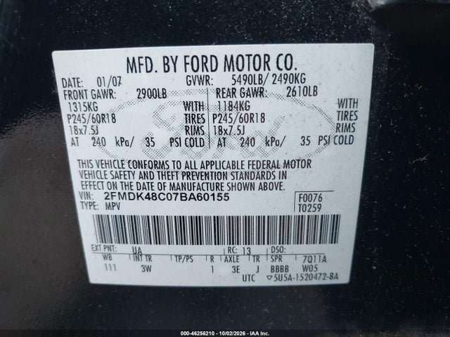 46256210 :رقم المزاد ، 2FMDK48C07BA60155 vin ، 2007 Ford Edge Sel مزاد بيع