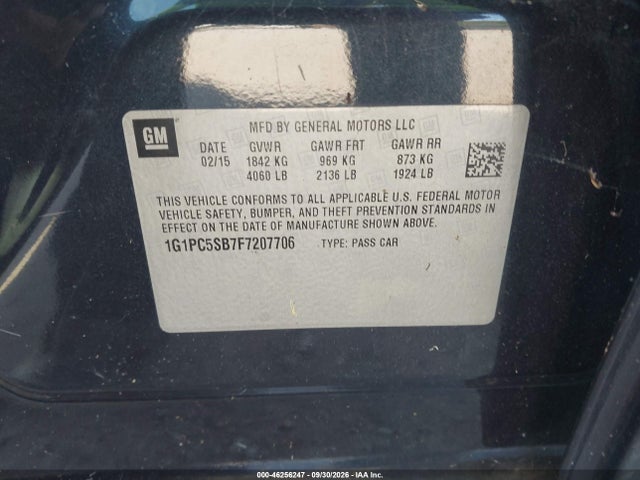46256247 :رقم المزاد ، 1G1PC5SB7F7207706 vin ، 2015 Chevrolet Cruze 1lt Auto مزاد بيع