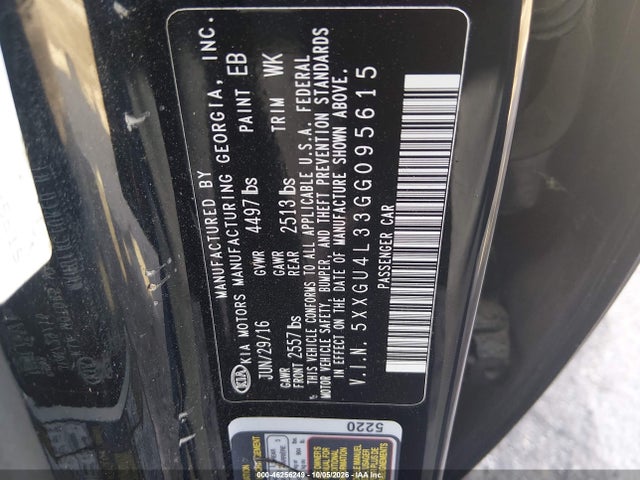 2016 Kia Optima Ex მანქანა იყიდება აუქციონზე, vin: 5XXGU4L33GG095615, აუქციონის ნომერი: 46256249