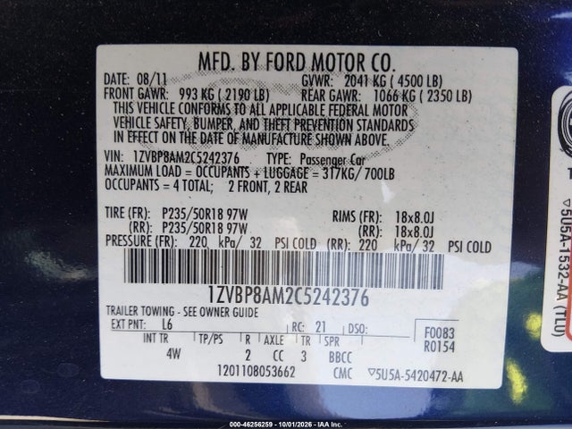 Aukcja sprzedaży 2012 Ford Mustang V6 Premium, vin: 1ZVBP8AM2C5242376, numer aukcji: 46256259