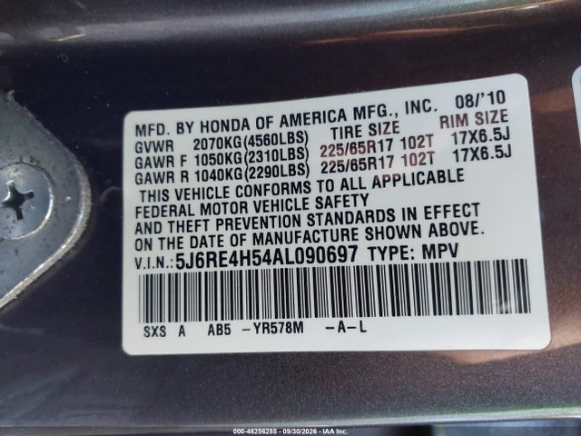 2010 Honda Cr-v Ex მანქანა იყიდება აუქციონზე, vin: 5J6RE4H54AL090697, აუქციონის ნომერი: 46256285