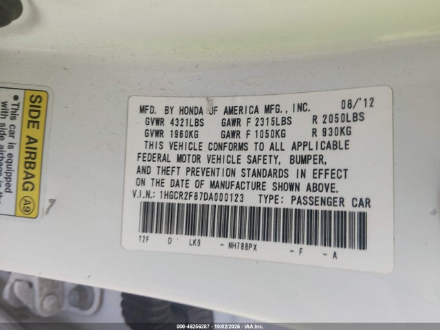 46256287 :رقم المزاد ، 1HGCR2F87DA000123 vin ، 2013 Honda Accord Ex-l مزاد بيع