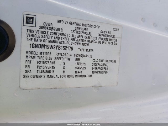 Aukcja sprzedaży 2000 Chevrolet Astro, vin: 1GNDM19W2YB152176, numer aukcji: 46256324
