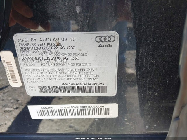 Aukcja sprzedaży 2010 Audi Q5 3.2 Premium, vin: WA1VKAFP0AA093327, numer aukcji: 46256359