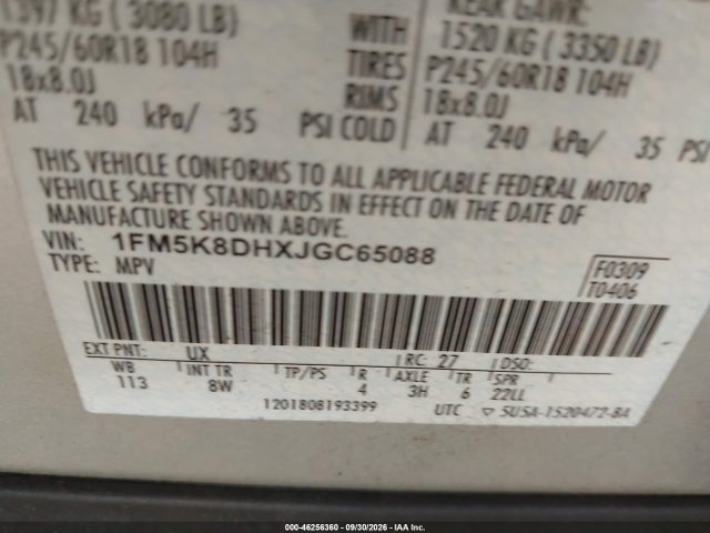46256360 :رقم المزاد ، 1FM5K8DHXJGC65088 vin ، 2018 Ford Explorer Xlt مزاد بيع