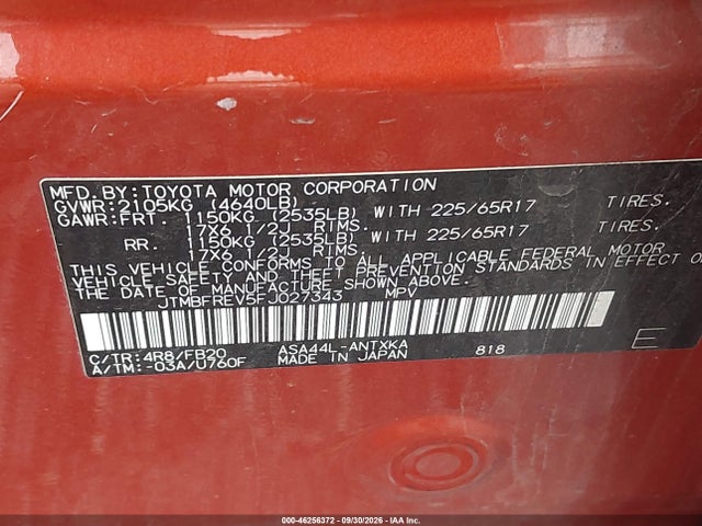 Aukcja sprzedaży 2015 Toyota Rav4 Le, vin: JTMBFREV5FJ027343, numer aukcji: 46256372