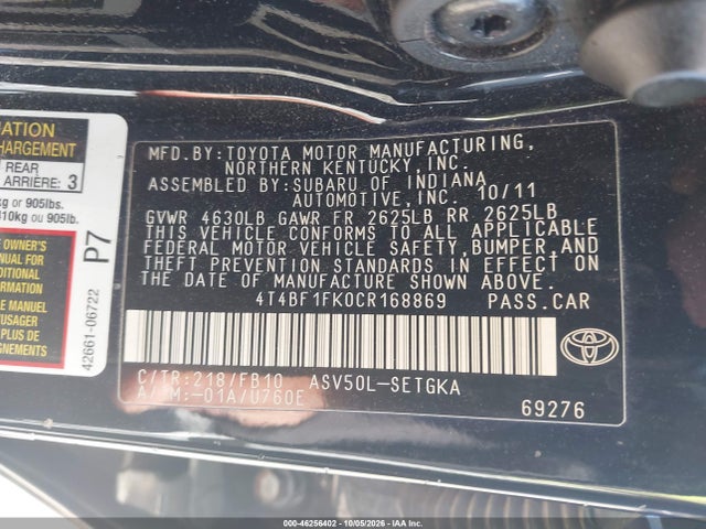 46256402 :رقم المزاد ، 4T4BF1FK0CR168869 vin ، 2012 Toyota Camry Xle مزاد بيع