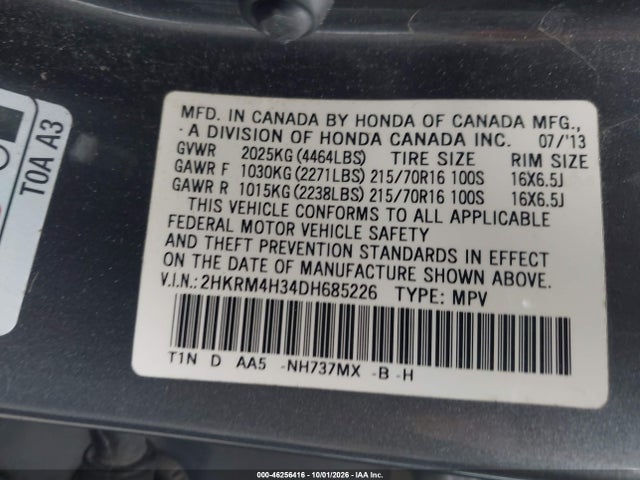 Aukcja sprzedaży 2013 Honda Cr-v Lx, vin: 2HKRM4H34DH685226, numer aukcji: 46256416