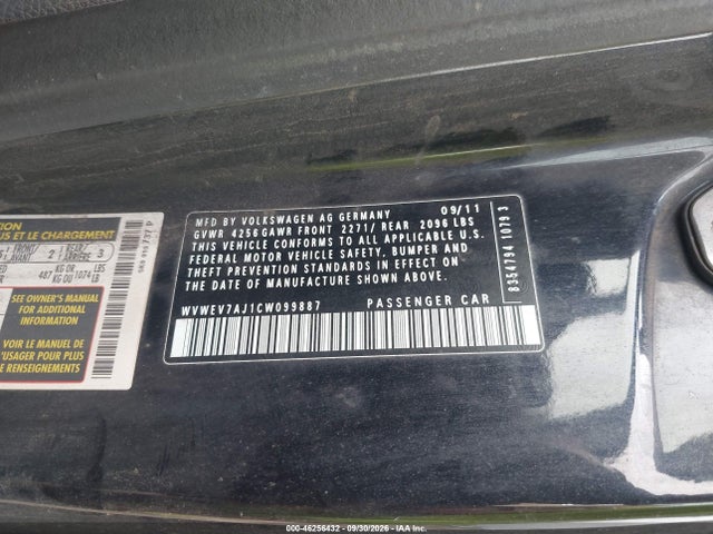 46256432 :رقم المزاد ، WVWEV7AJ1CW099887 vin ، 2012 Volkswagen Gti 2-door مزاد بيع