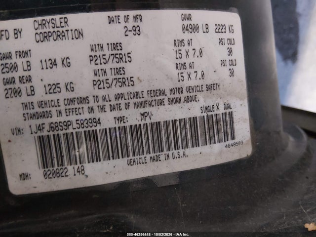 1993 Jeep Cherokee Sport მანქანა იყიდება აუქციონზე, vin: 1J4FJ68S9PL583994, აუქციონის ნომერი: 46256448