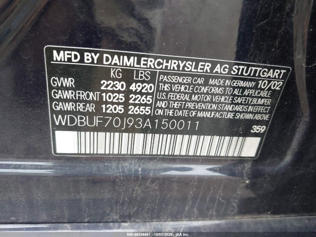 Продаж на аукціоні авто 2003 Mercedes-benz E 500, vin: WDBUF70J93A150011, номер лоту: 46256451