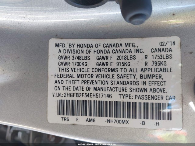 Продажа на аукционе авто 2014 Honda Civic Lx, vin: 2HGFB2F54EH517146, номер лота: 46256469
