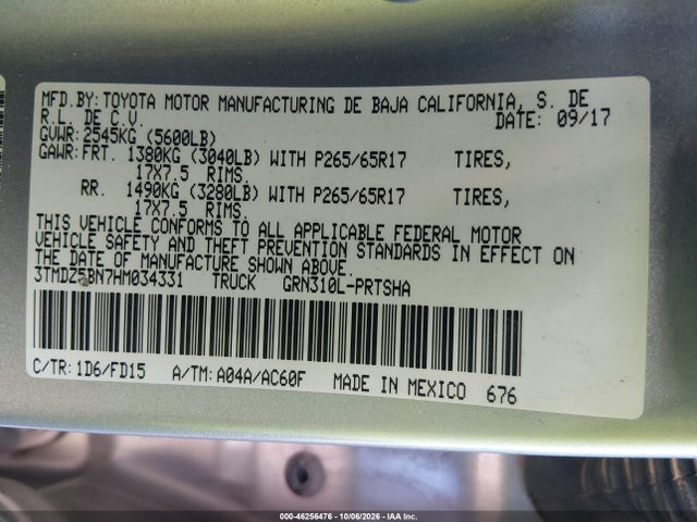 46256476 :رقم المزاد ، 3TMDZ5BN7HM034331 vin ، 2017 Toyota Tacoma Trd Sport مزاد بيع