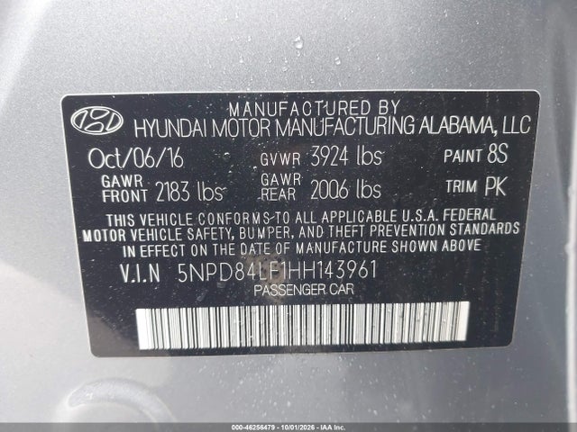 46256479 :رقم المزاد ، 5NPD84LF1HH143961 vin ، 2017 Hyundai Elantra Se مزاد بيع