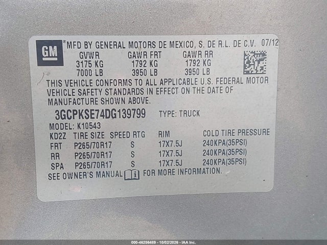 Продаж на аукціоні авто 2013 Chevrolet Silverado 1500 Lt, vin: 3GCPKSE74DG139799, номер лоту: 46256489
