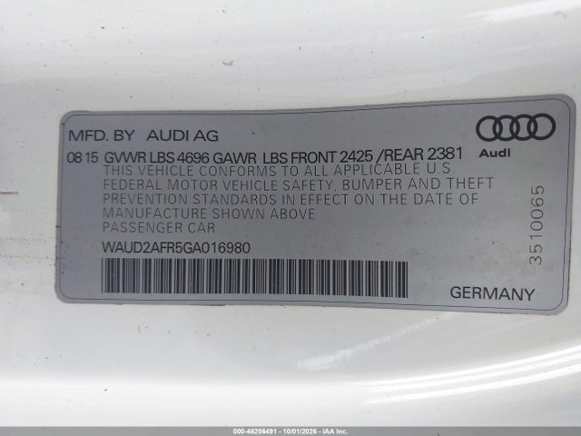 2016 Audi A5 2.0t Premium მანქანა იყიდება აუქციონზე, vin: WAUD2AFR5GA016980, აუქციონის ნომერი: 46256491