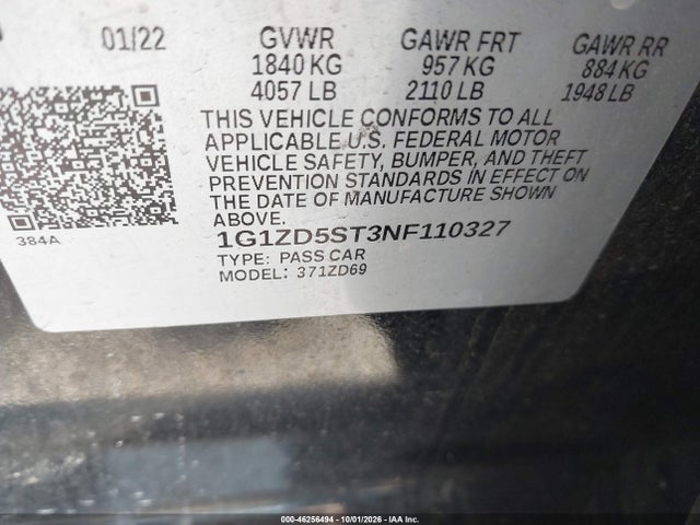 46256494 :رقم المزاد ، 1G1ZD5ST3NF110327 vin ، 2022 Chevrolet Malibu Fwd Lt مزاد بيع