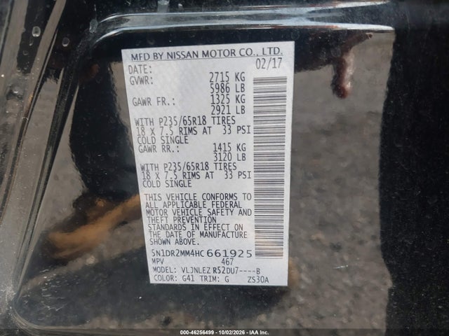 Aukcja sprzedaży 2017 Nissan Pathfinder Sv, vin: 5N1DR2MM4HC661925, numer aukcji: 46256499